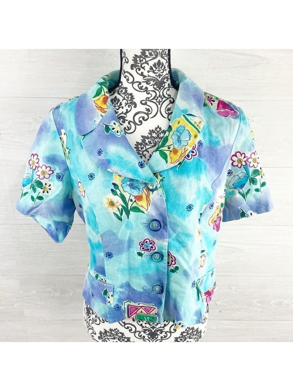 Rickie Freeman Teri Jon Vintage Floral Tie‎ Dye Cropped Linen Blazer Jacket